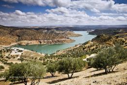 Image du Maroc Professionnelle de  Le Barrage Allal Al Fassi est situé dans la Province de Sefrou sur Oued Sebou avec un volume de stockage de 63.7 Mm3, il contrôle un bassin versant de 5.400 km2. Ce Barrage a été mis en service en 1990. But de l'ouvrage  production d'électricité, irrigation et protection contre les crues, Jeudi 8 septembre 2005. (Photo / Abdeljalil Bounhar) 